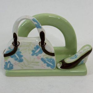 Russ Berrie One Step Up Business Card Holder Ceramic Floral Purse High Heel Shoe